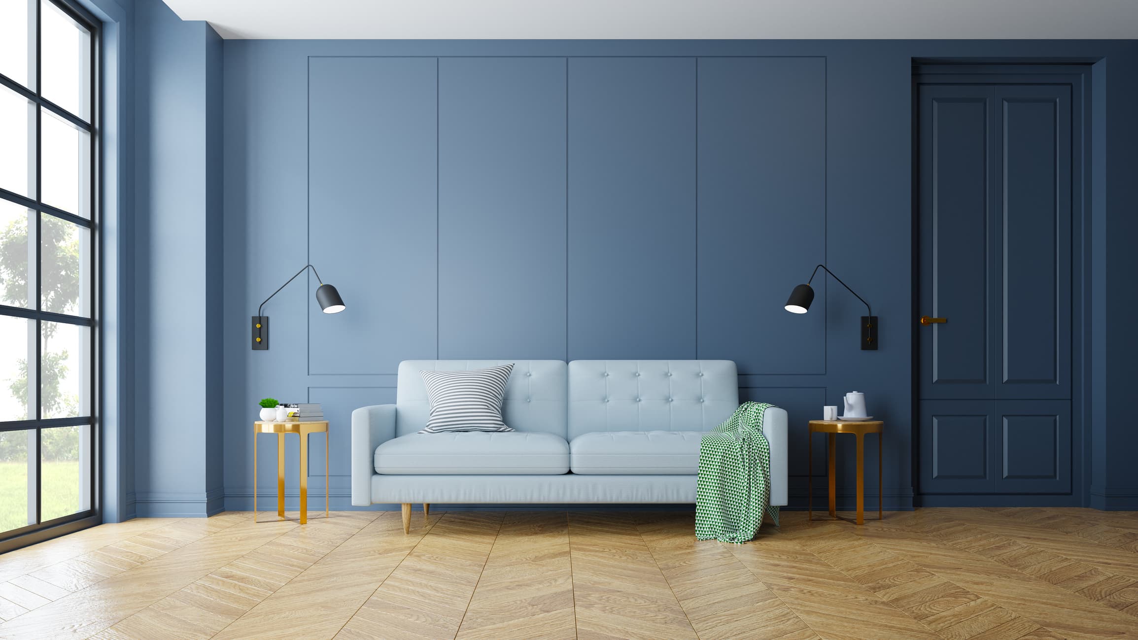 Finished showroom interior with blue walls and patterned wood flooring